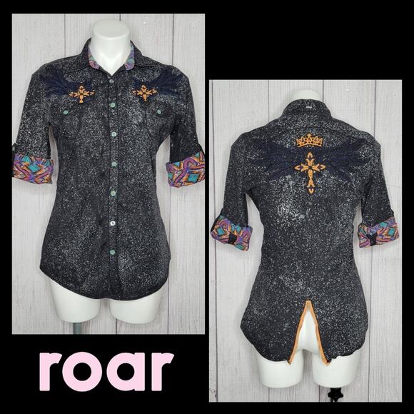 Roar Embellished Embroidered Studded Button Down Shirt, size Large - Picture 1 of 7